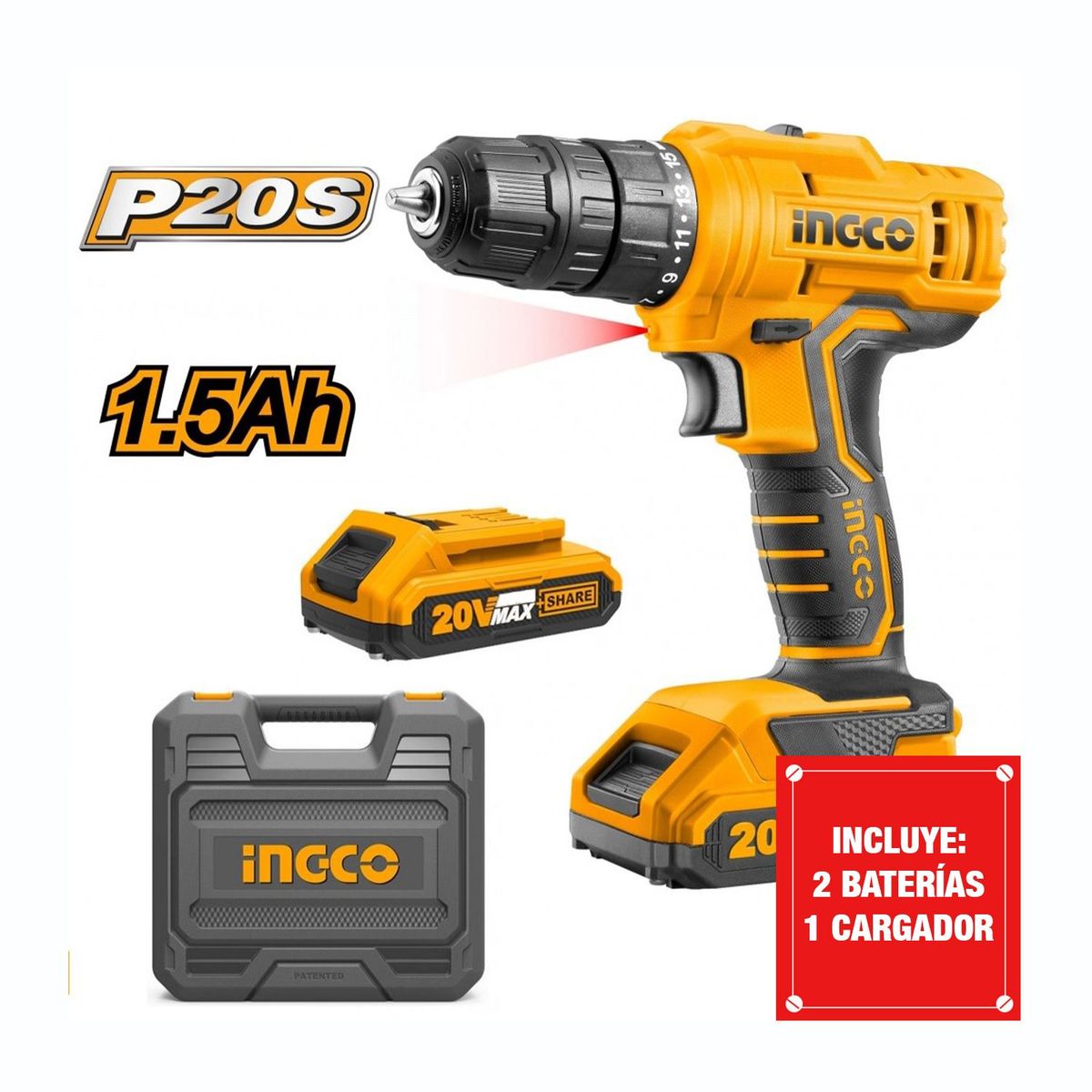 INGCO TOOLS - TALADRO ATORNILLADOR 20V INALÁMBRICO BATERÍAS INGCO - CDLI20012