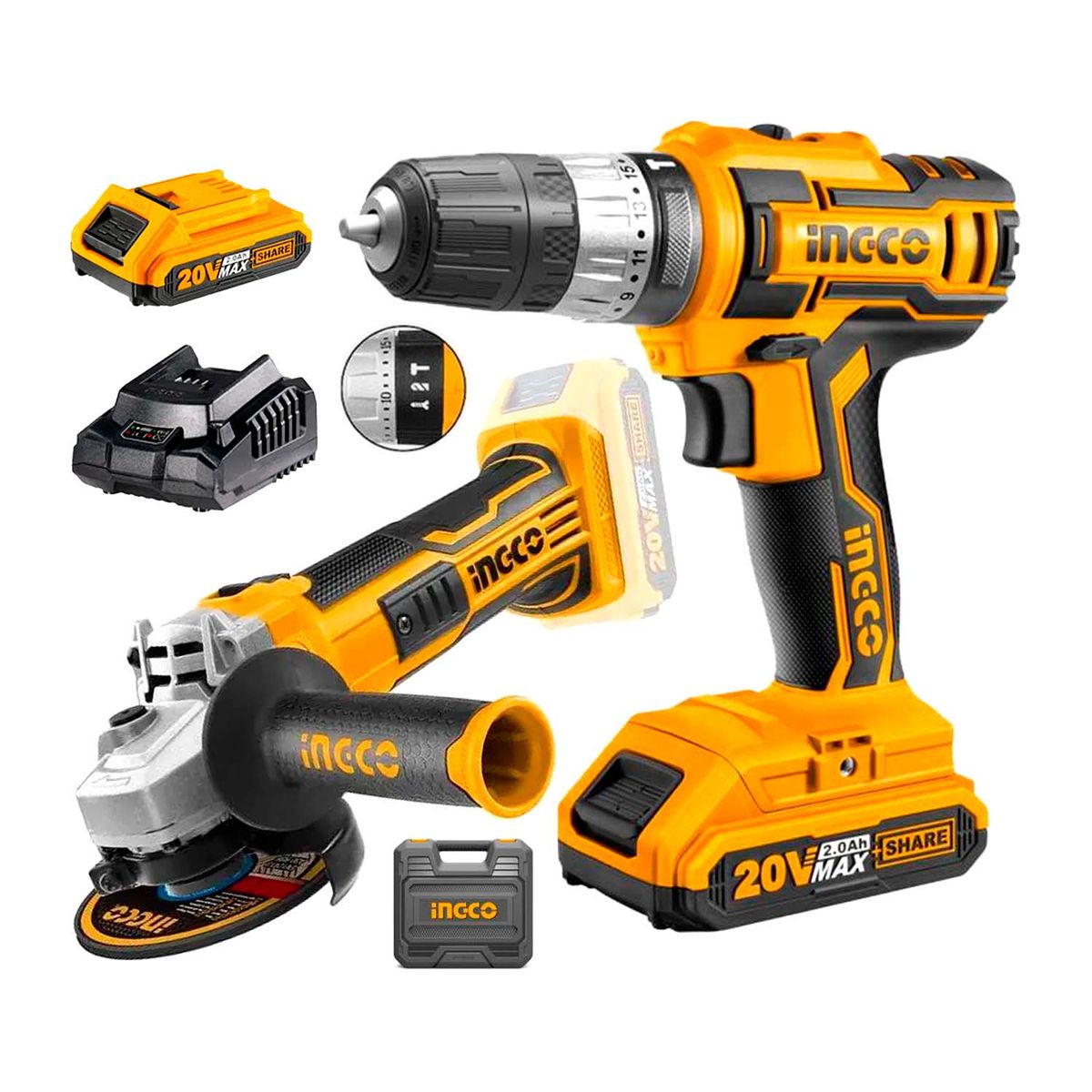 INGCO TOOLS - COMBO 20V INGCO TALADRO PERCUTOR ATORNILLADOR  AMOLADORA ANGULAR