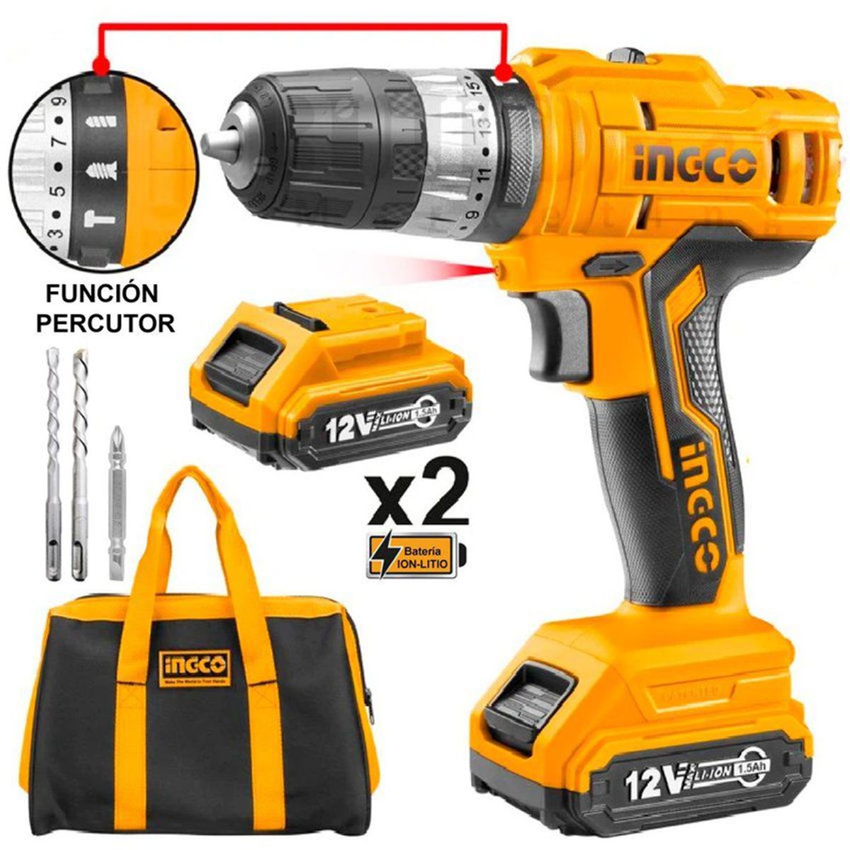 INGCO TOOLS - TALADRO PERCUTOR ATORNILLADOR 12V ACCESORIOS INGCO - CIDLI1222