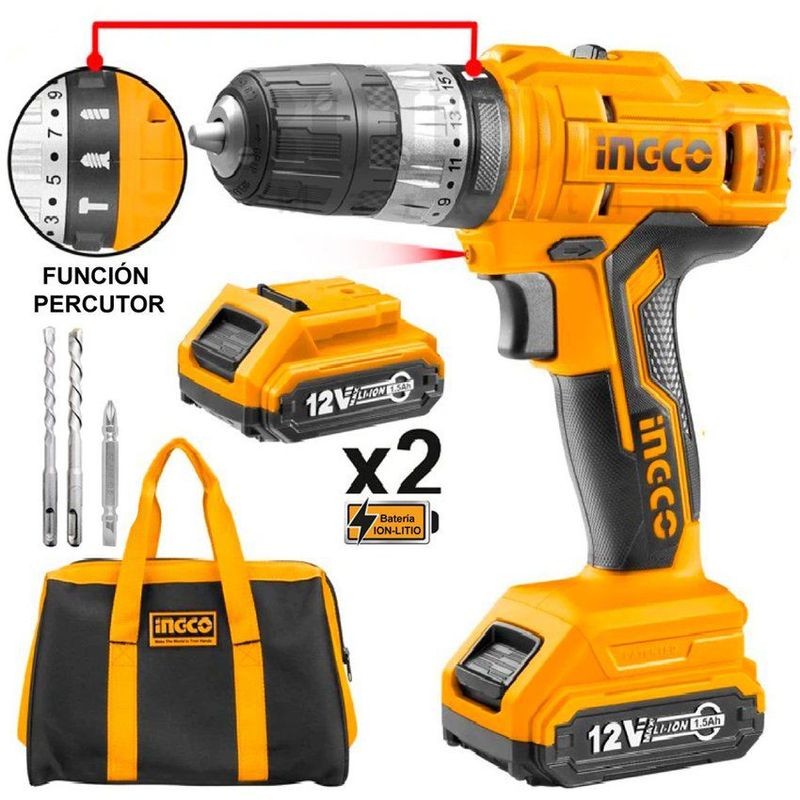INGCO TOOLS - TALADRO PERCUTOR ATORNILLADOR 12V ACCESORIOS INGCO - CIDLI1222
