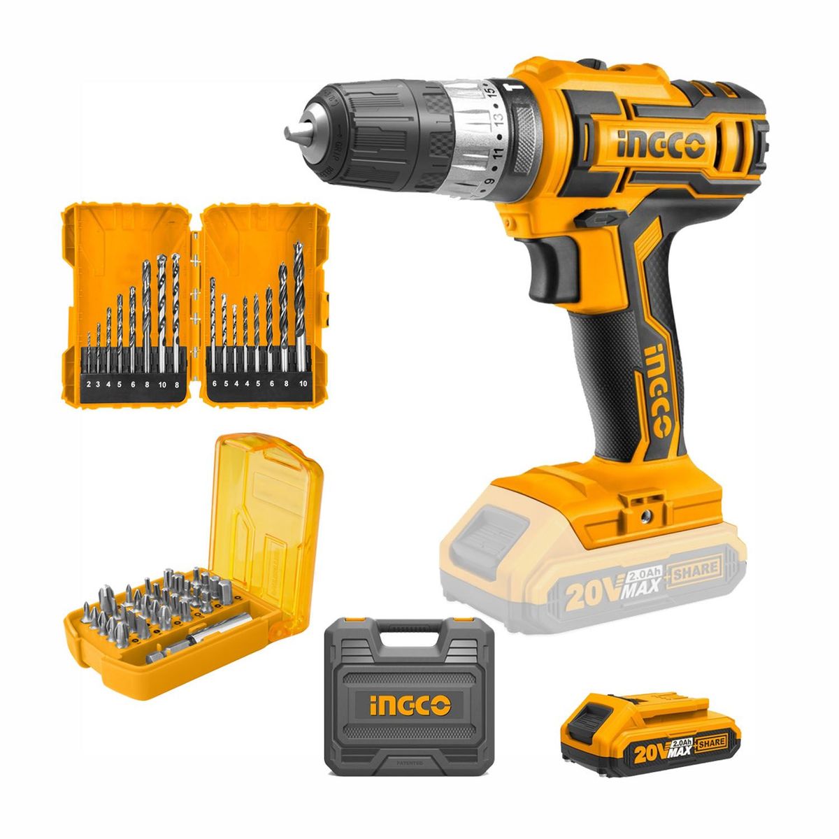 INGCO TOOLS - COMBO TALADRO PERCUTOR 20V SET DE BROCAS Y PUNTAS INDUSTRIAL INGCO