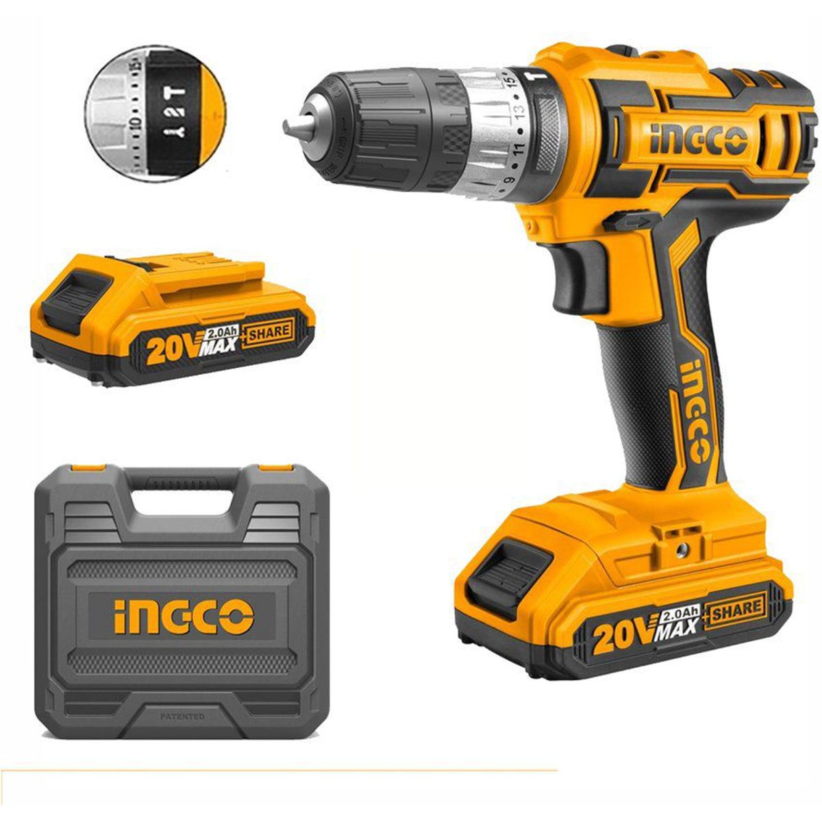 INGCO TOOLS - COMBO TALADRO PERCUTOR 20V SET DE BROCAS Y PUNTAS INDUSTRIAL INGCO