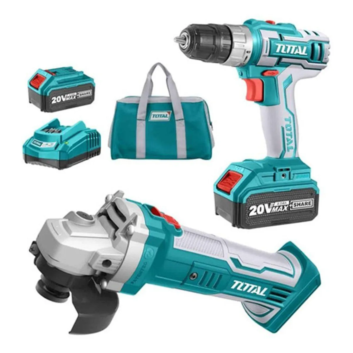 TOTAL TOOLS - KIT 20V TALADRO AMOLADORA ANGULAR INALÁMBRICO 4AH TOTAL - TCKLI2009