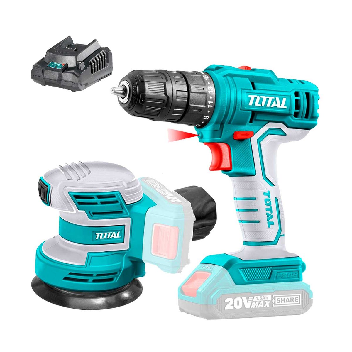 TOTAL TOOLS - COMBO 20V LIJADORA ROTO ORBITAL TALADRO ATORNILLADOR TOTAL