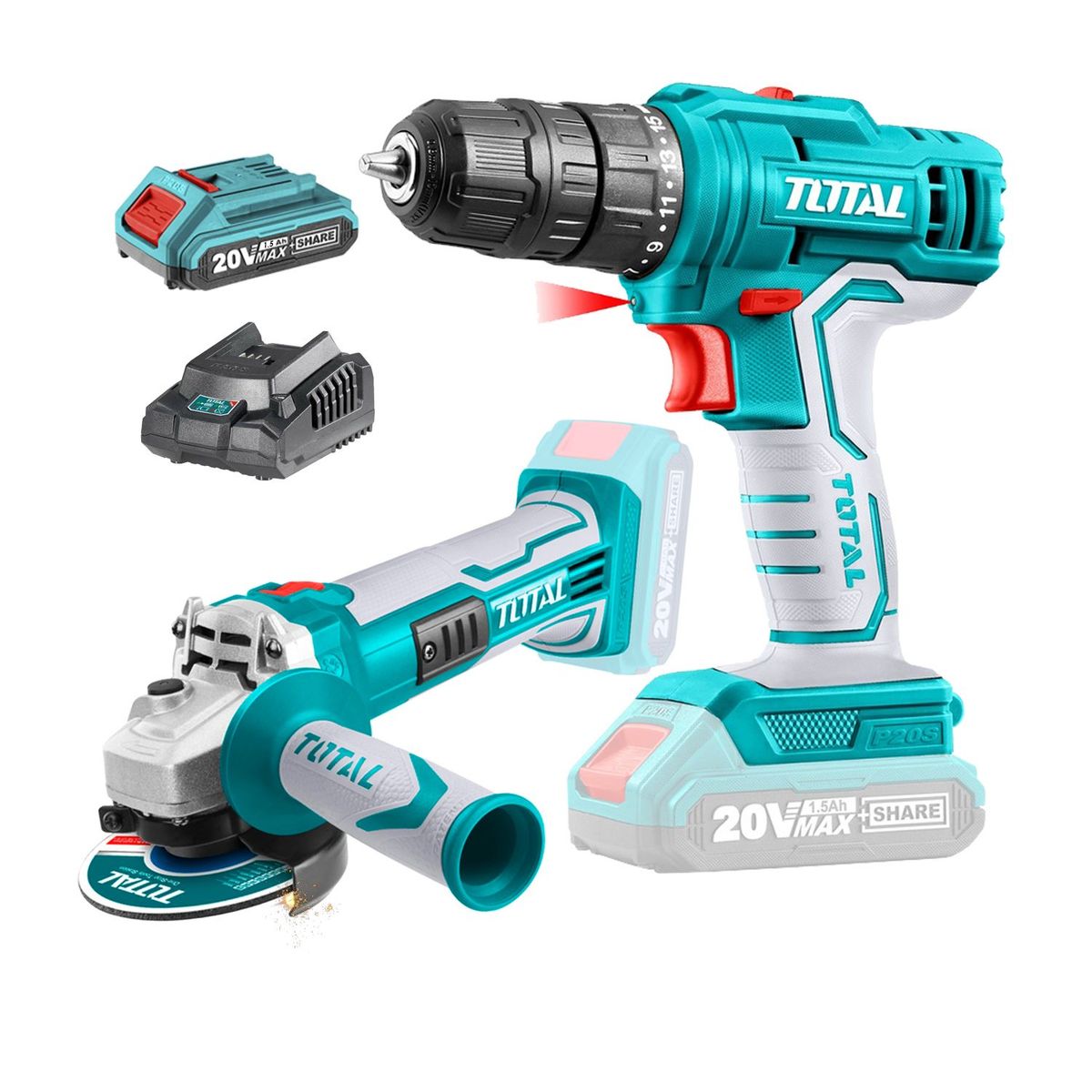 TOTAL TOOLS - Amoladora Brushless + Taladro Atornillador inalambrico 20v Total