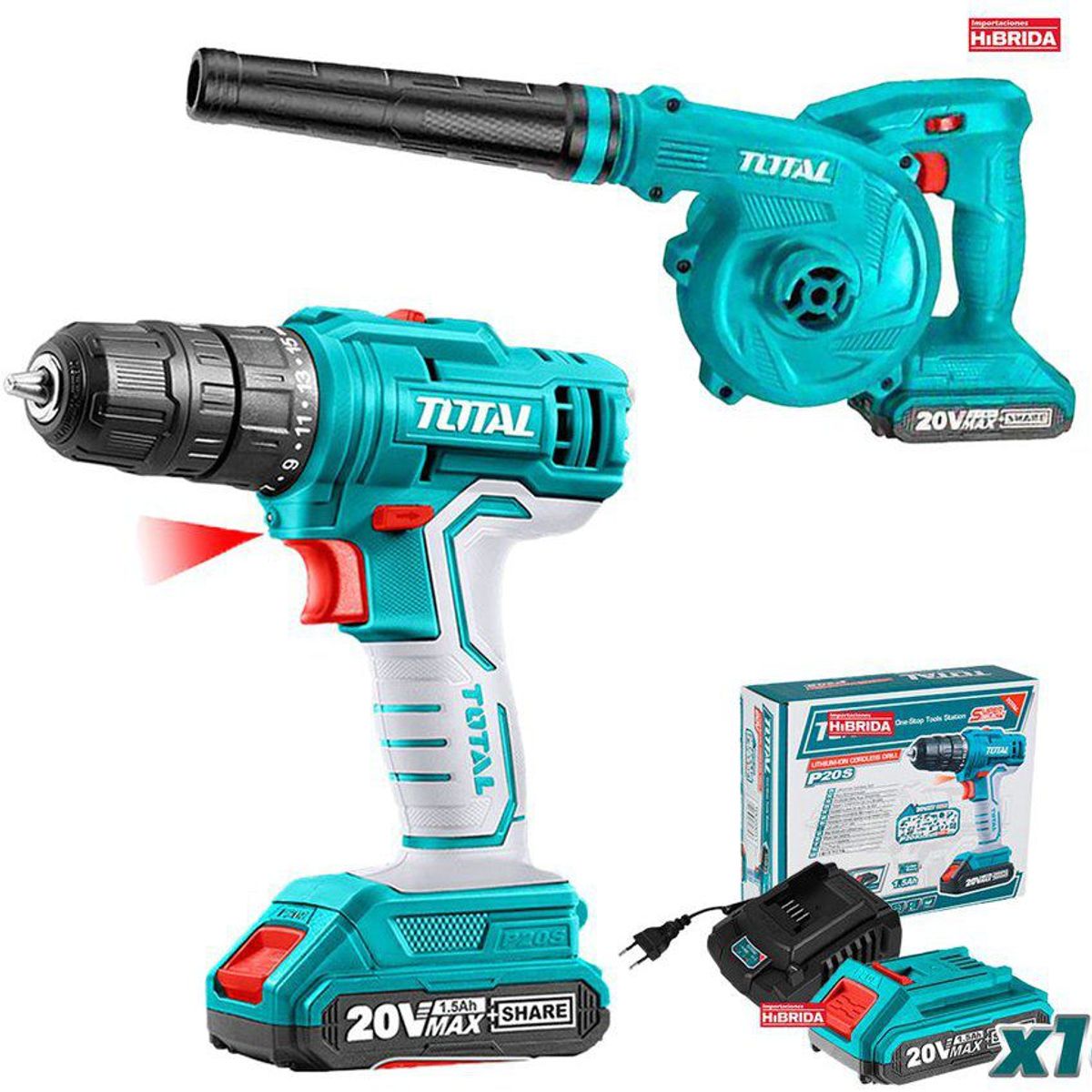 TOTAL TOOLS - COMBO 20V TALADRO ATORNILLADOR + SOPLADOR ASPIRADORA 1 BATERÍA TOTAL