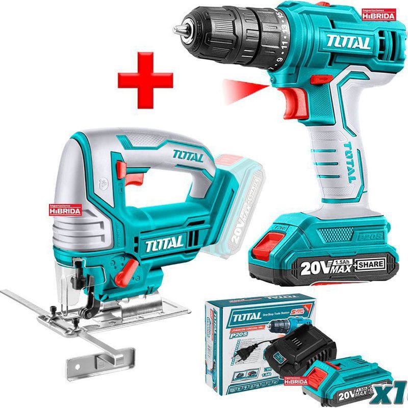 TOTAL TOOLS - COMBO 20V SIERRA CALADORA TALADRO ATORNILLADOR INALÁMBRICO TOTAL