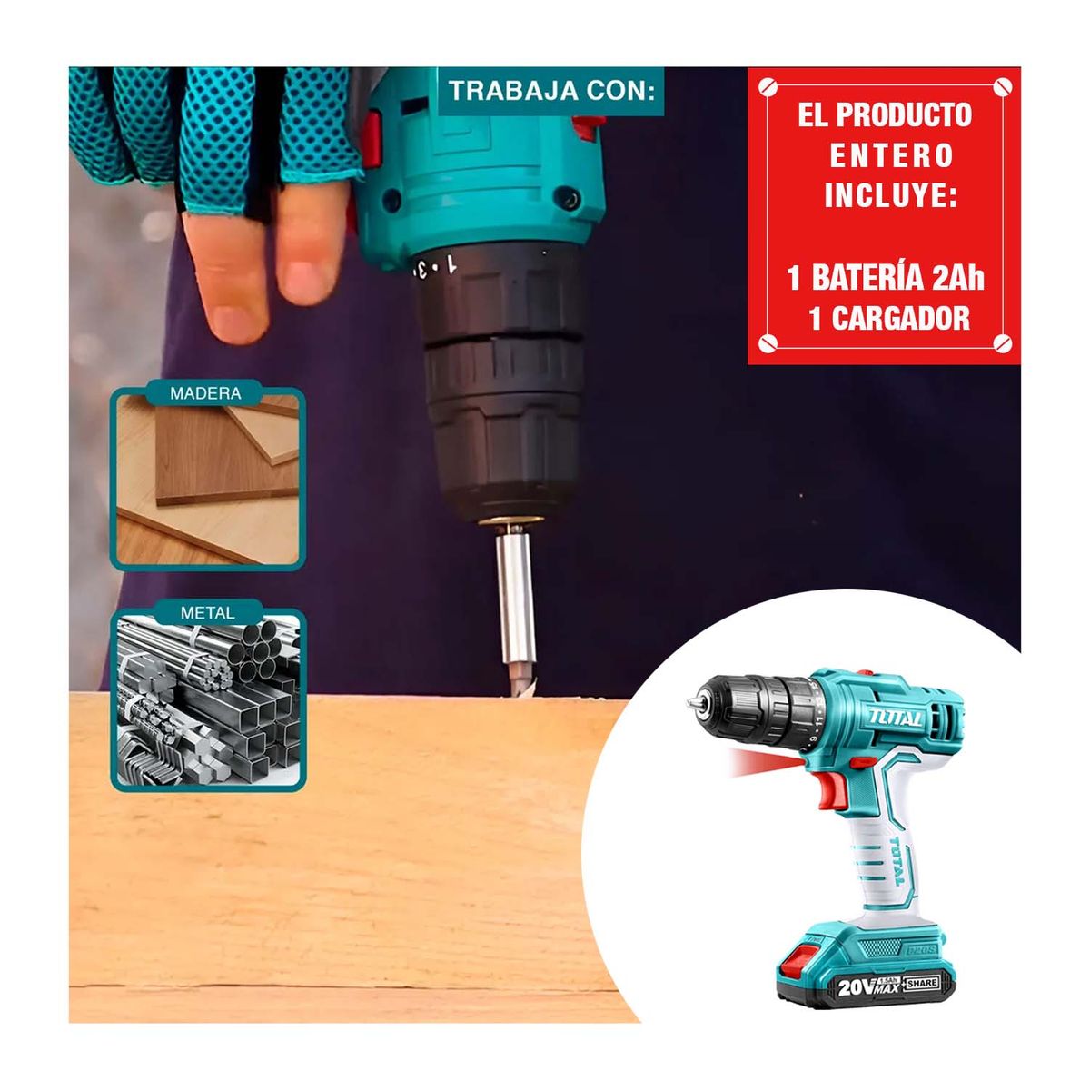 TOTAL TOOLS - Taladro Total Atornillador 20v Destornillador Inalámbrico Profesional