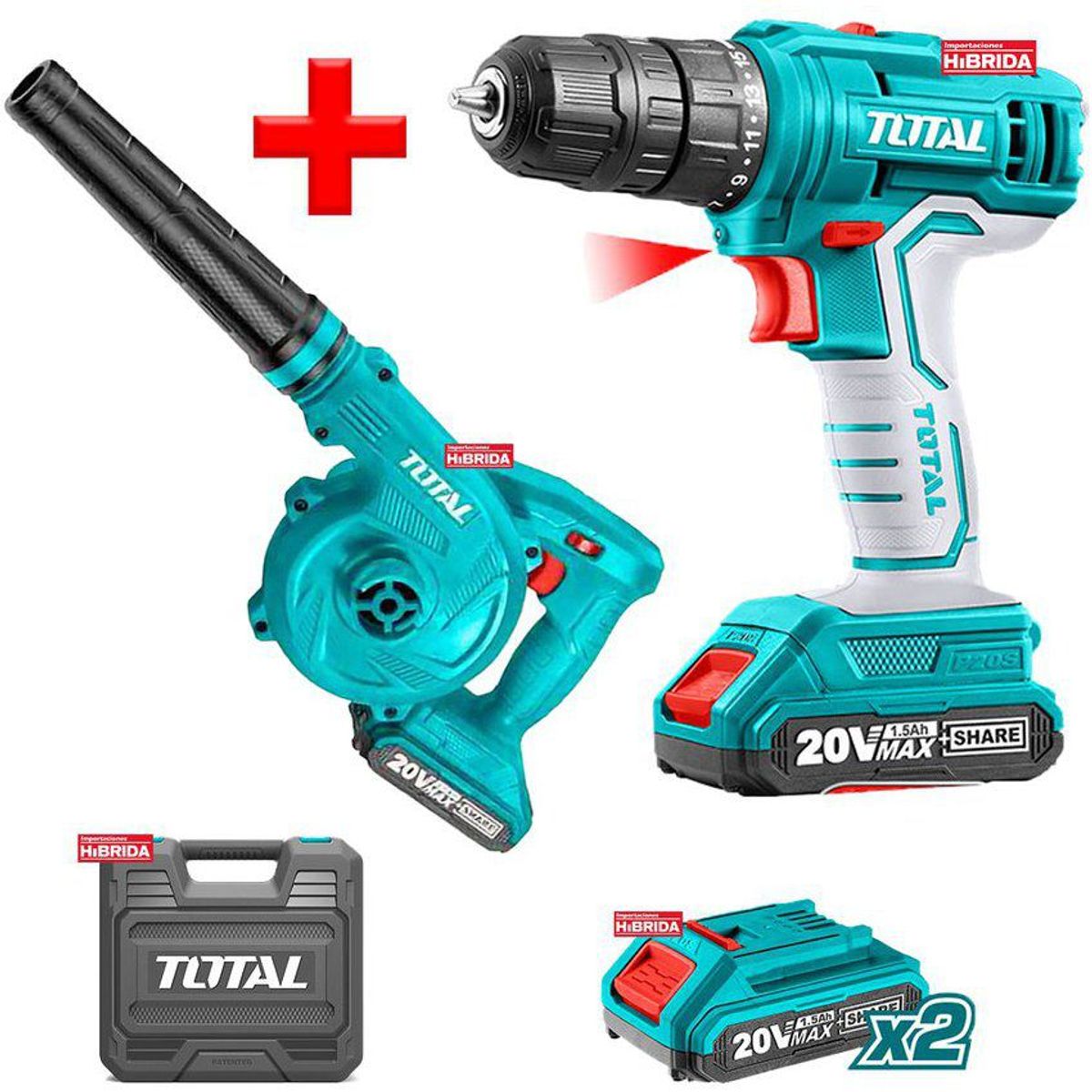 TOTAL TOOLS - COMBO 20V TOTAL SOPLADOR ASPIRADORA TALADRO ATORNILLADOR INALÁMBRICO