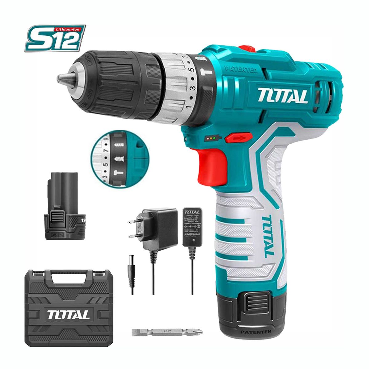 TOTAL TOOLS - TALADRO PERCUTOR ATORNILLADOR 12V INALÁMBRICO ACCESORIOS - TIDLI1232