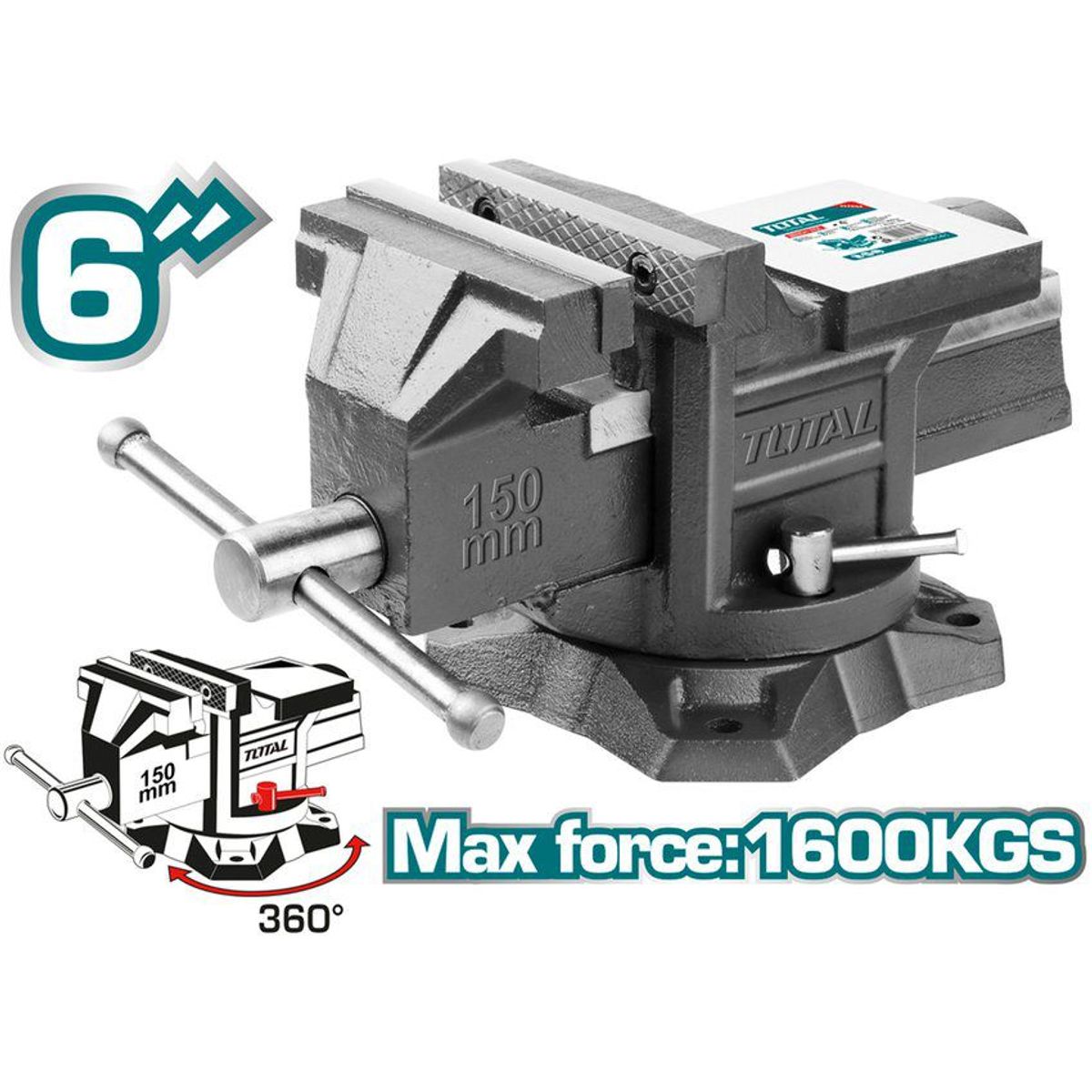 TOTAL TOOLS - PRENSA TORNILLO DE BANCO 6 GIRATORIO YUNQUE 1600KG TOTAL - THT6166