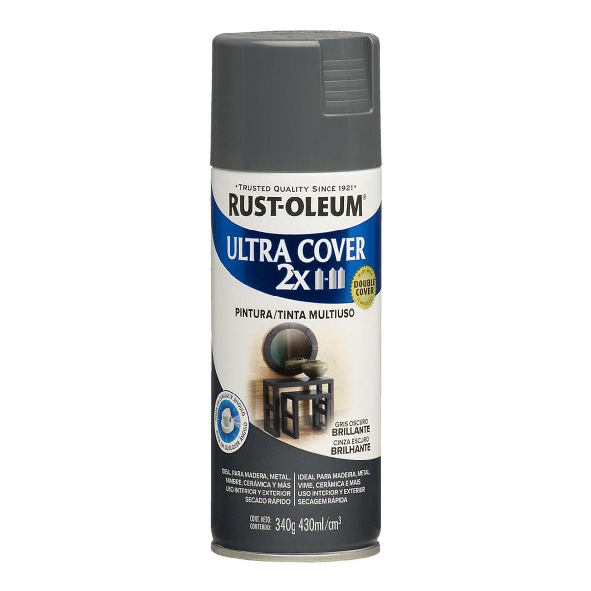 RUST OLEUM - Aerosol Multiusos Ultra Cover 2x Gris Oscuro Brillante 340g