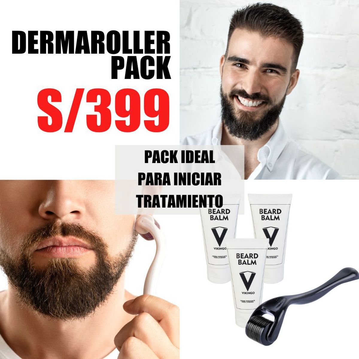 VIKINGO - 3 Minoxidil en bálsamo para barba + dermaroller