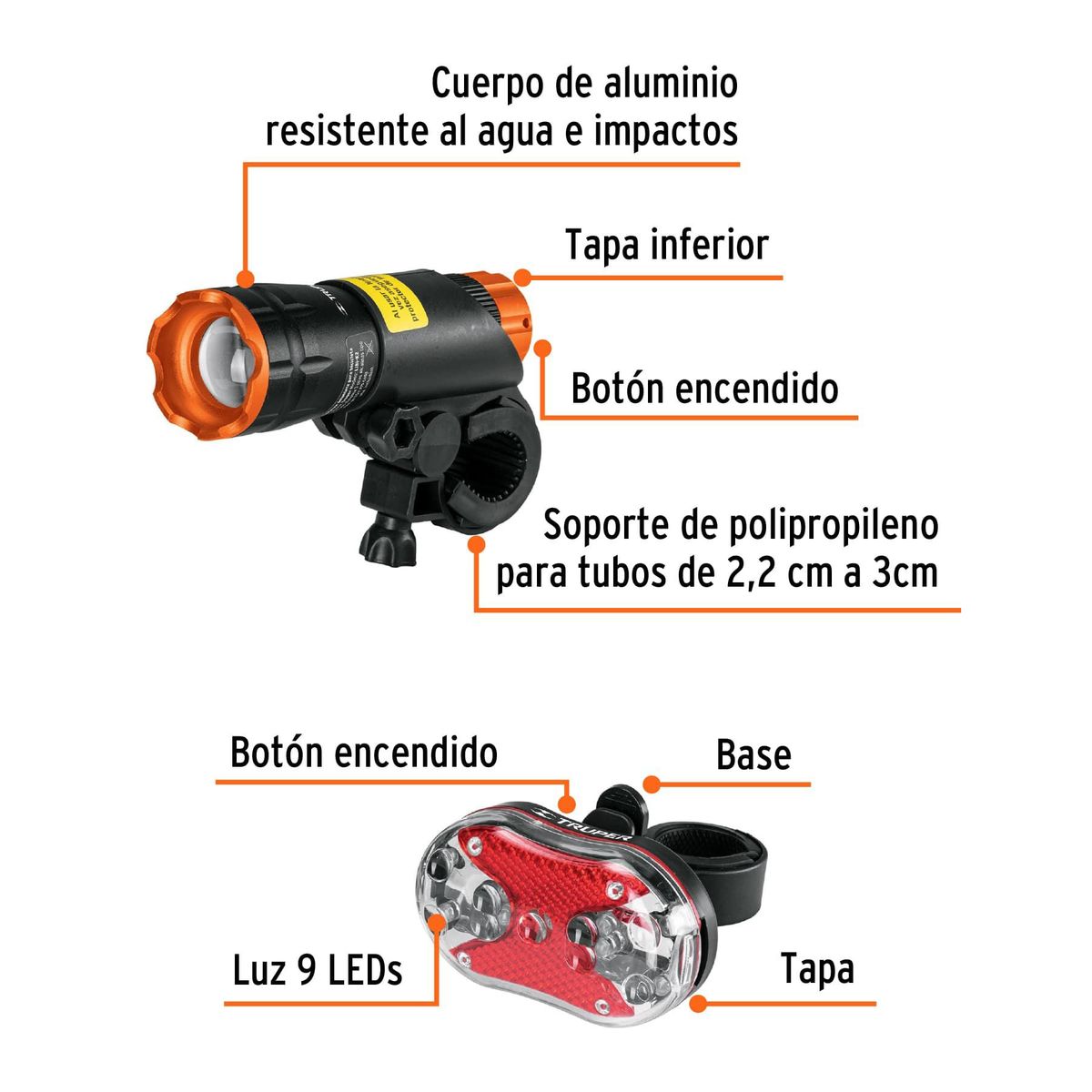 TRUPER - Linterna Luces para Bicicleta Delantera y Trasera Truper
