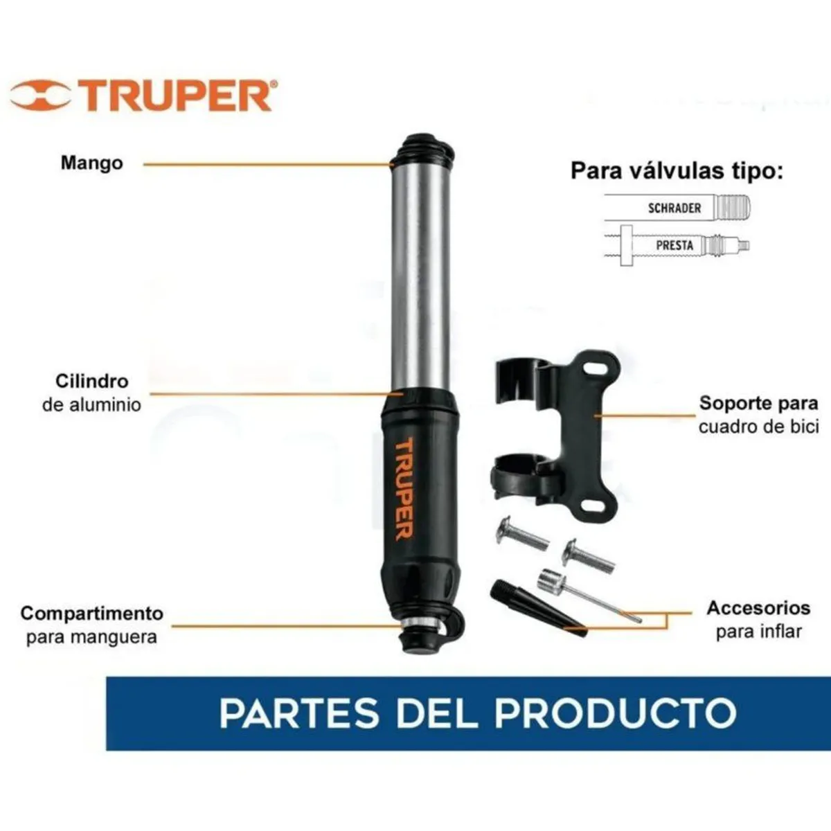 TRUPER - Mini inflador manual para bicicleta de 75 psi, truper