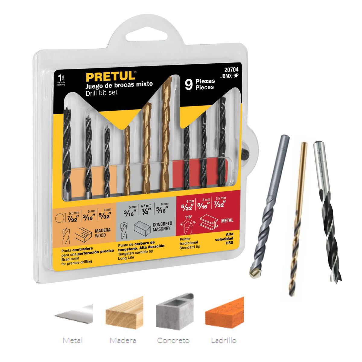 PRETUL - Juego de brocas para metal, concreto y madera 9 piezas pretul