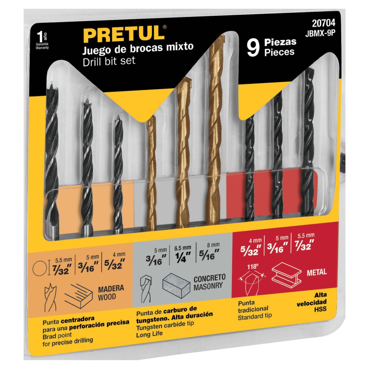 PRETUL - Juego de brocas para metal, concreto y madera 9 piezas pretul
