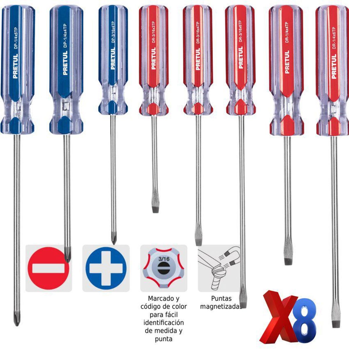 PRETUL - Juego desarmadores, 8 pz, mango pvc, pretul