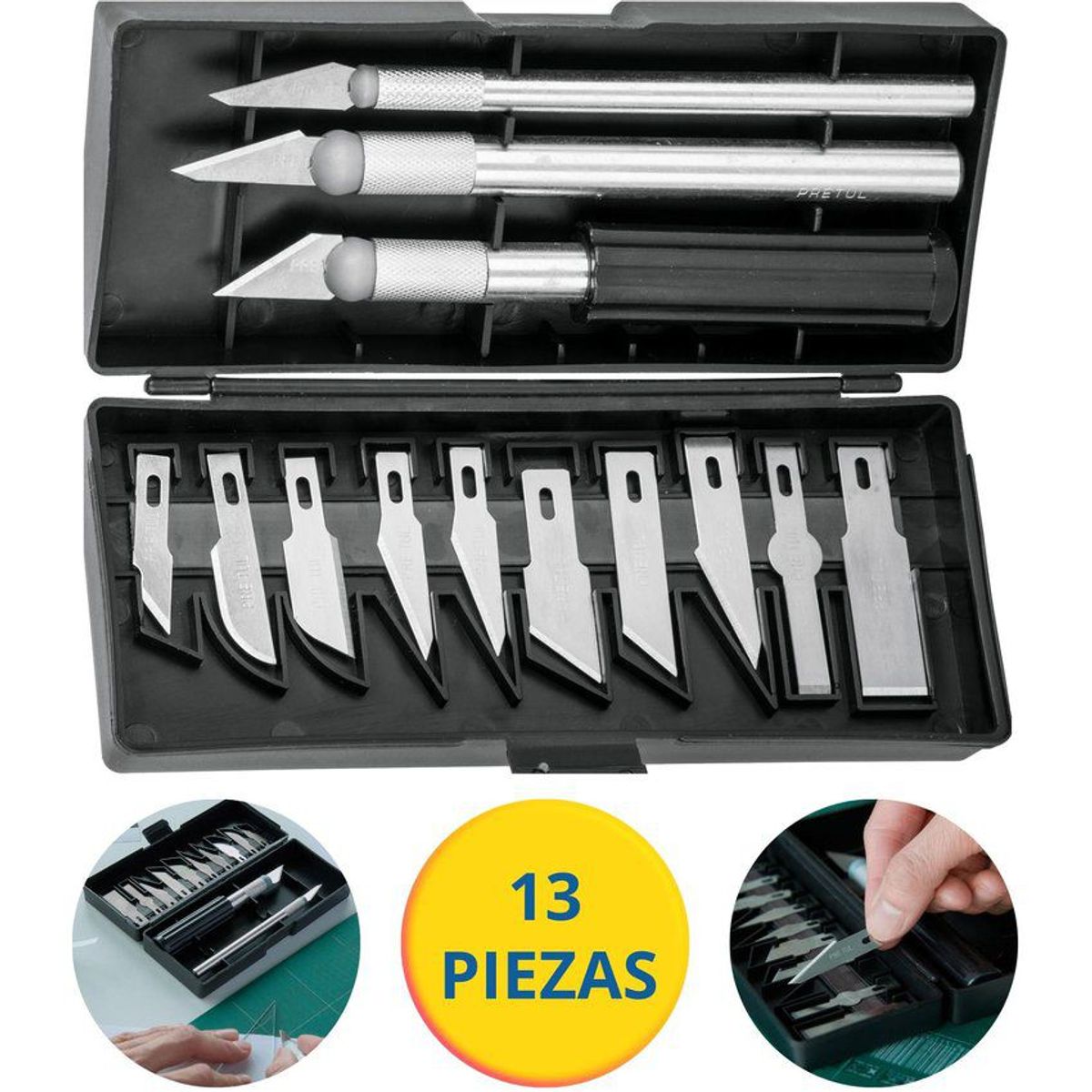 PRETUL - Juego cutter precisión cuchilla exacto tipo bisturí hobby pretul 13pzs