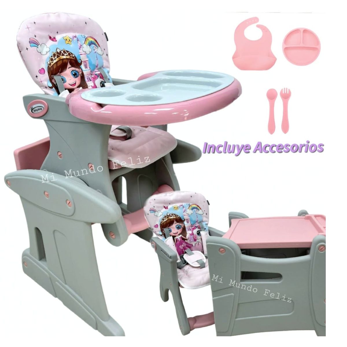 BABY HAPPY - Silla de Comer para Bebe 3 en 1 Plato Babero Pinkys
