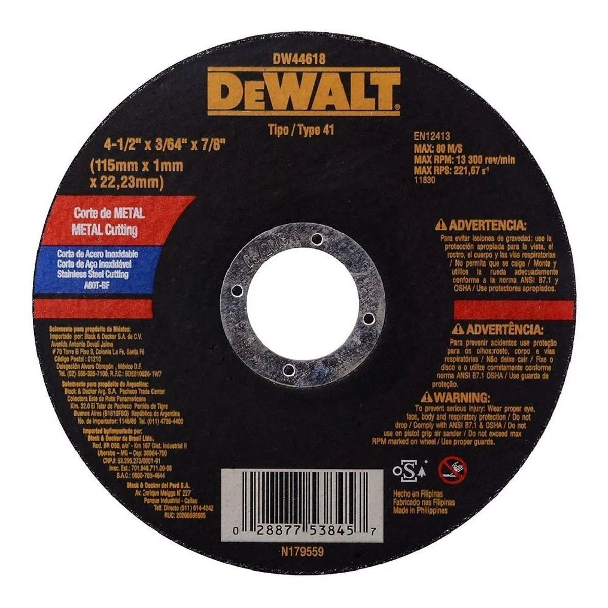 DEWALT - Disco Corte Metal 4-1/2” X 1 MM Inox Dw44618 DEWALT