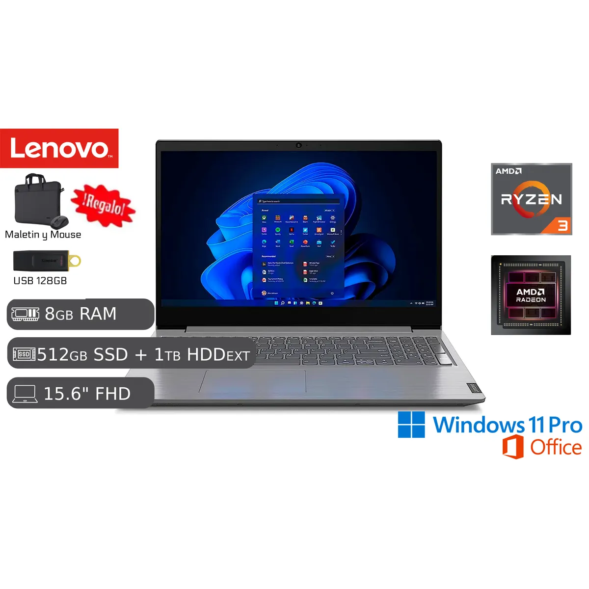 LENOVO - Lenovo V15 G4 AMD RYZEN 8GB RAM 512GB SSD 1TB HDD EXT 156 USB 128GB