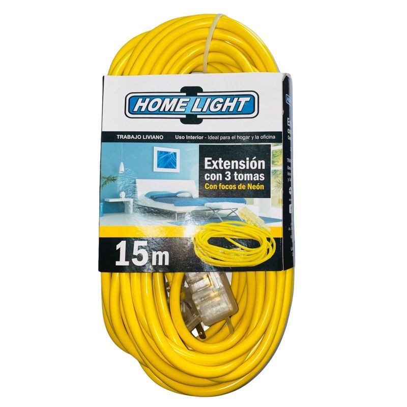 HOME LIGHT - Extensión eléctrica vulcanizado 15 Metros x 3 Tomas Home Light