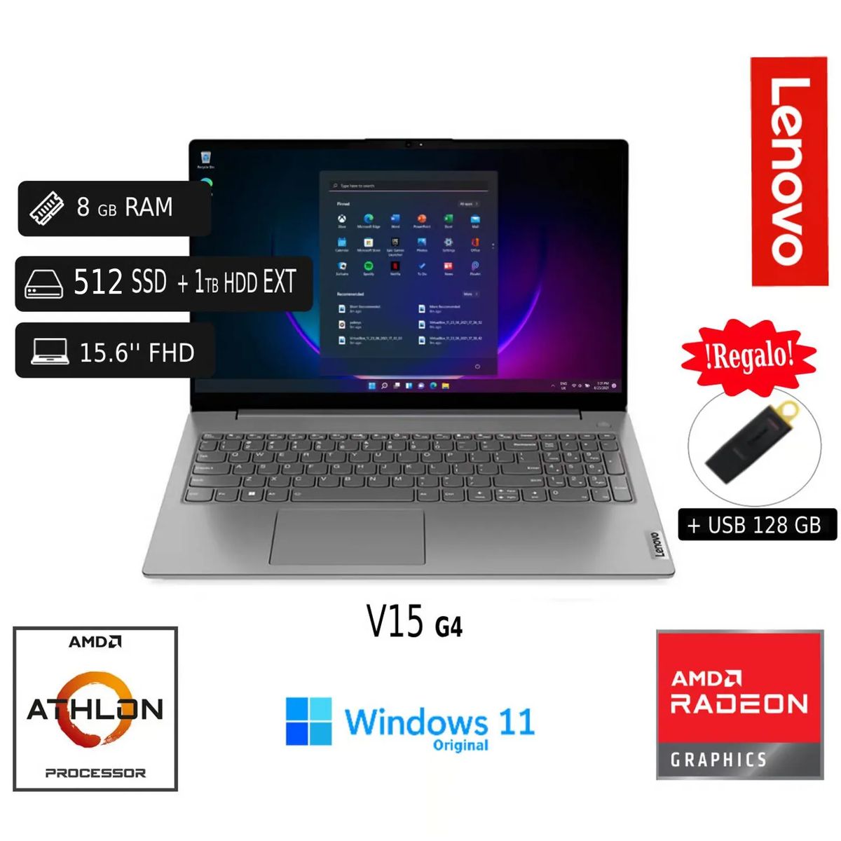 LENOVO - Laptop Lenovo V15 G4 AMD Athlon Silver 7120U 8GB RAM 512 SSD 1TB HDD EXT +128GB USB
