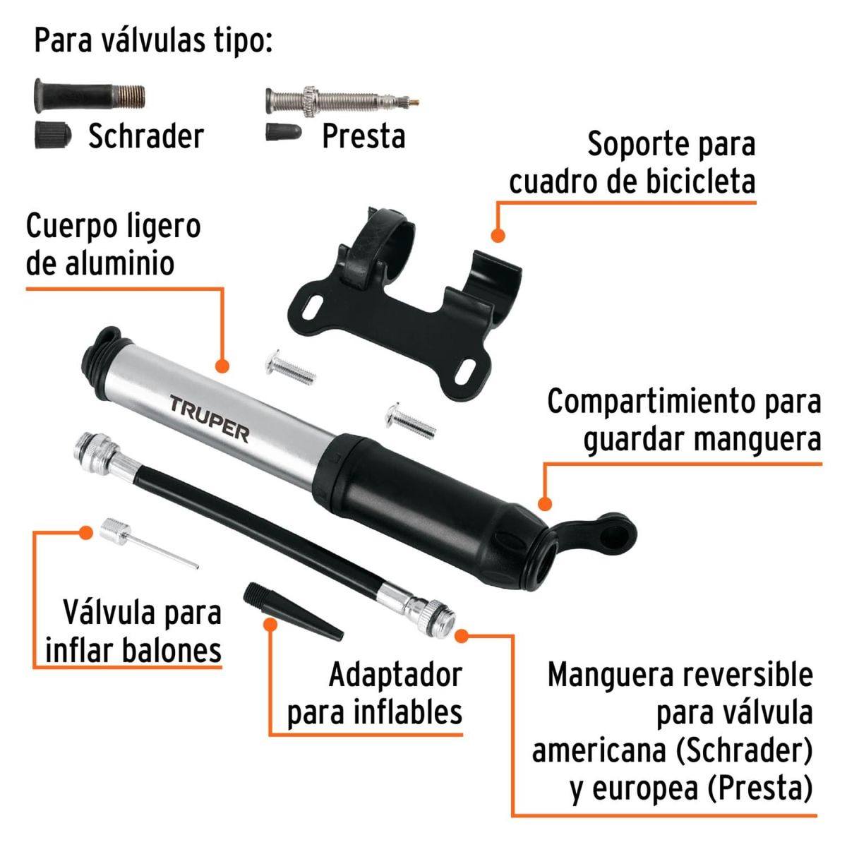 TRUPER - Inflador Portatil para Bicicleta Pelota 75 PSI Truper