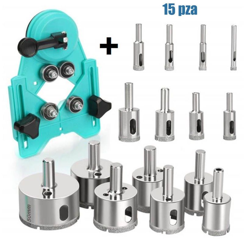 GENERICO - GUIA DE PERFORACION y SET DE 15 BROCAS DIAMANTADAS, mayolica, vidrio