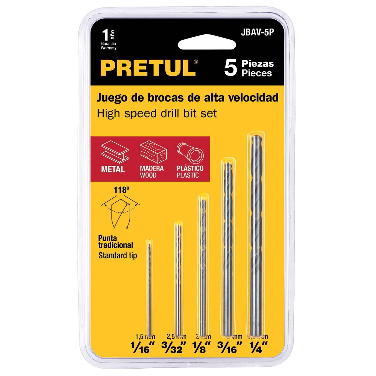 PRETUL - Juego de 5 brocas HSS para metal, Pretul