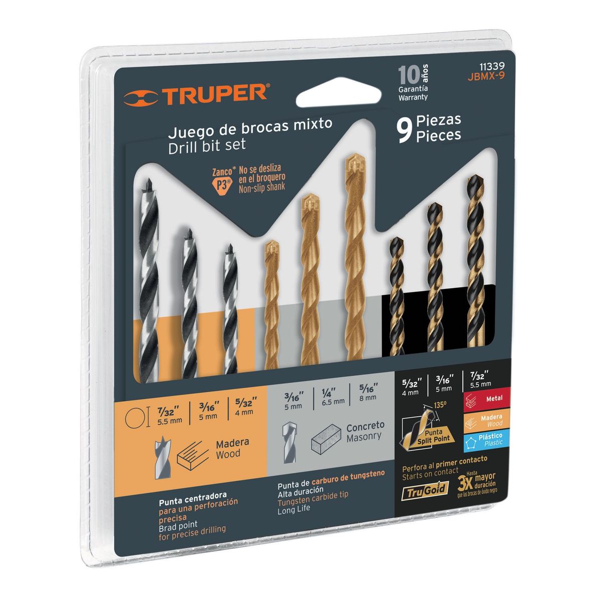 TRUPER - Juego de 9 brocas para metal, concreto y madera, Truper