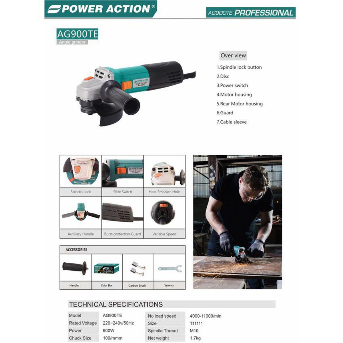 POWER ACTION - Amoladora 4 1/2 900w velocidad variable ag900te power action