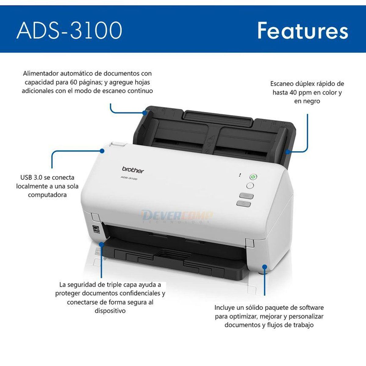 BROTHER - Escaner Brother ADS-3100 Duplex 40ppm USB 3.0