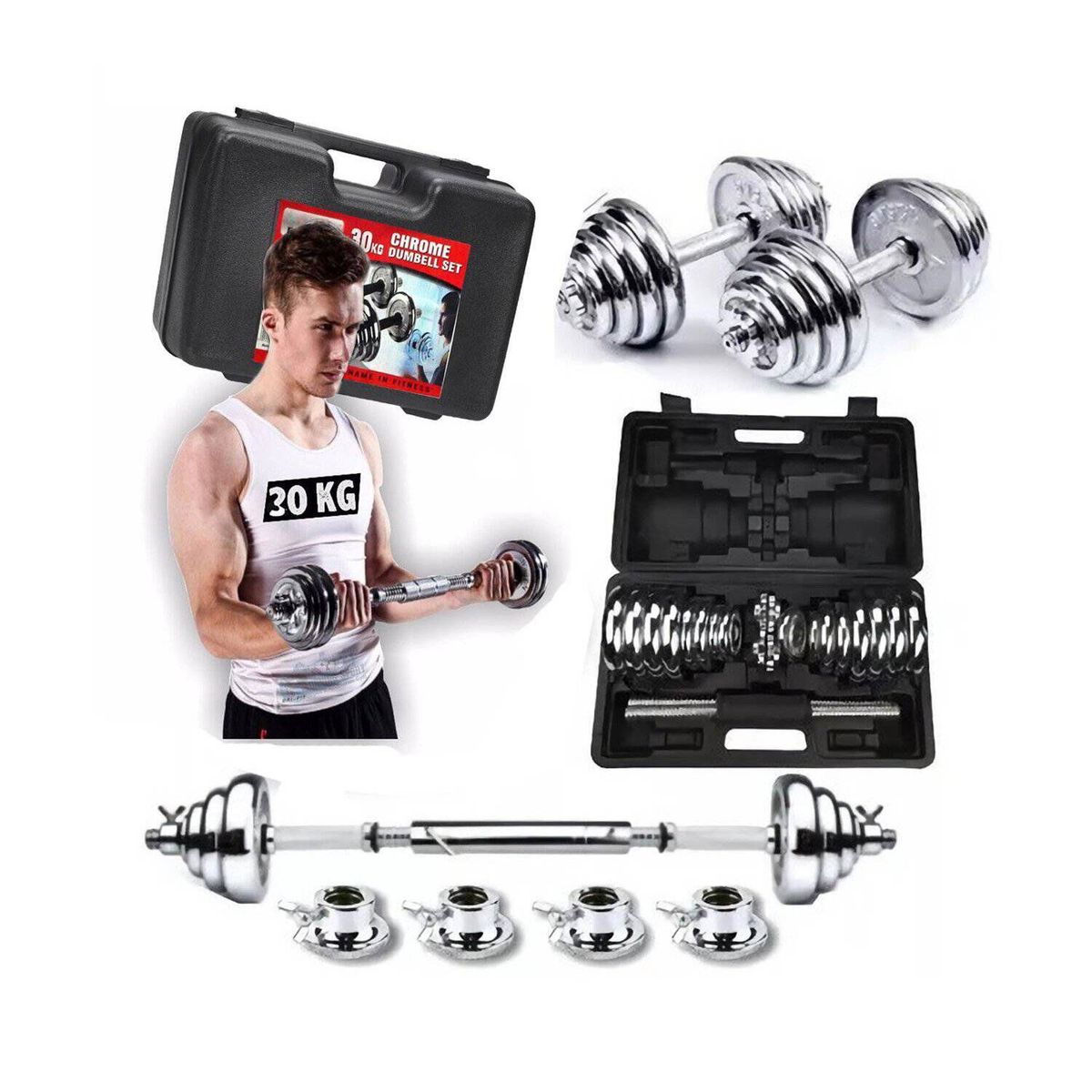 GENERICO - Set de Pesas Mancuernas 30Kg Barra Adaptadora