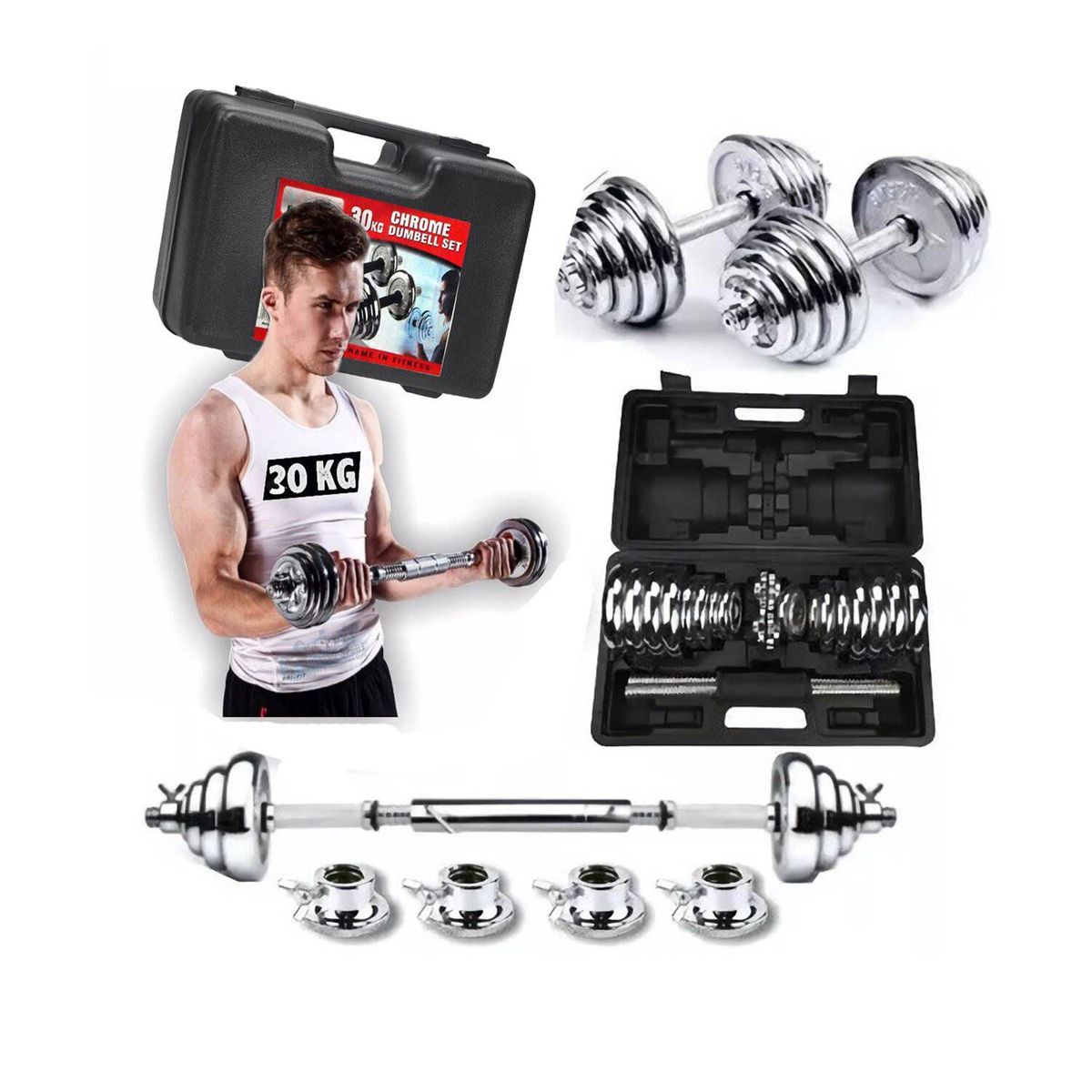 GENERICO - Set de Pesas Mancuernas 30Kg Barra Adaptadora