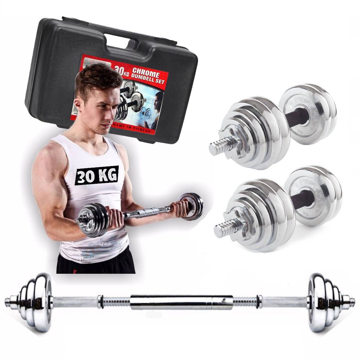 GENERICO - Set de Pesas Mancuernas 30Kg Barra Adaptadora