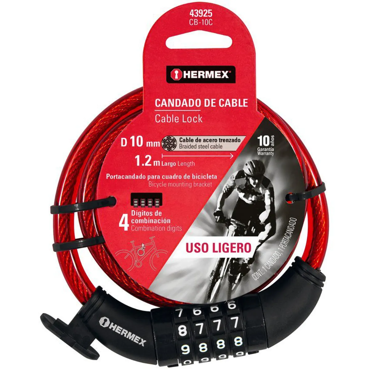 HERMEX - Candado cadena de bicicleta con clave de combinación 10 mm