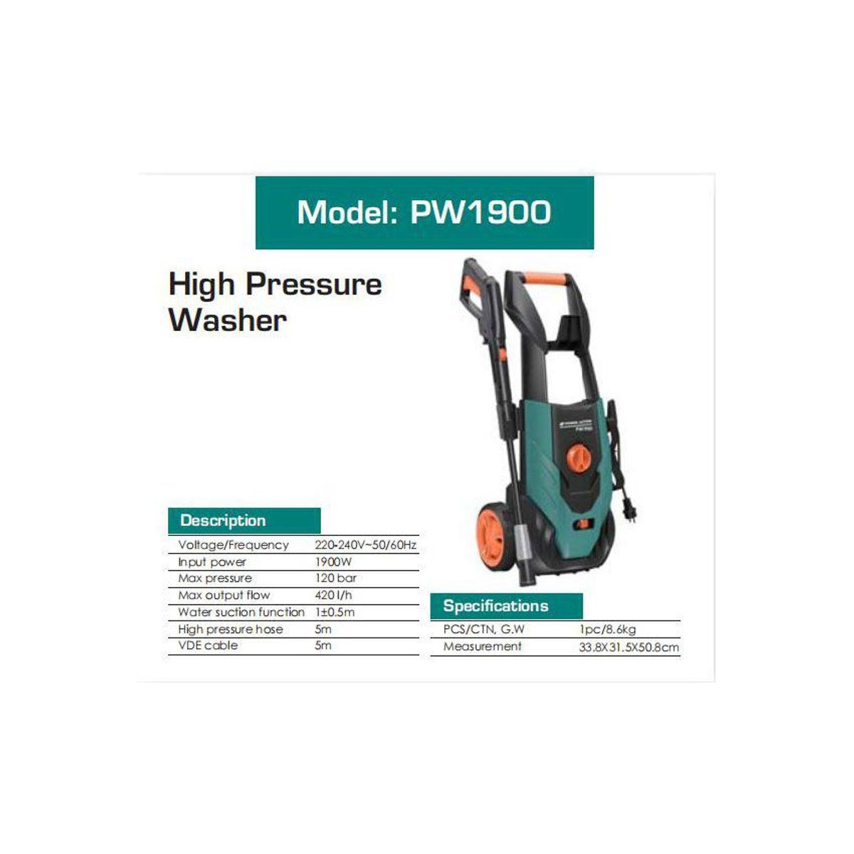 POWER ACTION - Hidrolavadora de alta presion power action 1900w 120 bar