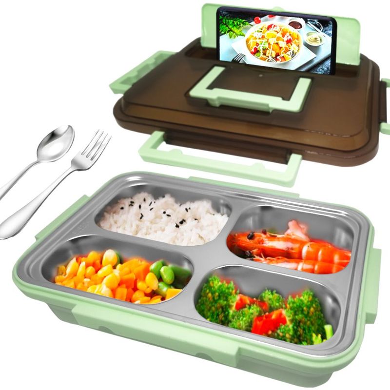 GENERICO - Lonchera Táper de Comida y Alimentos 4 Divisiones + Cubiertos Verde