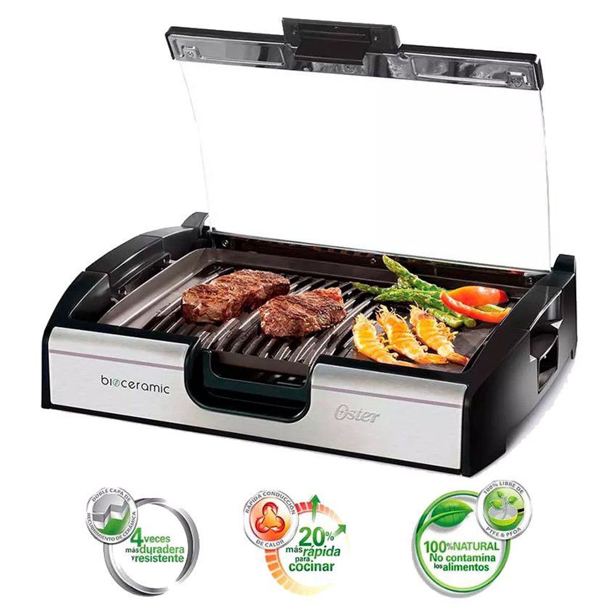 OSTER - parrilla Oster con tapa de vidrio refractario bioceramic CKSTGR3006