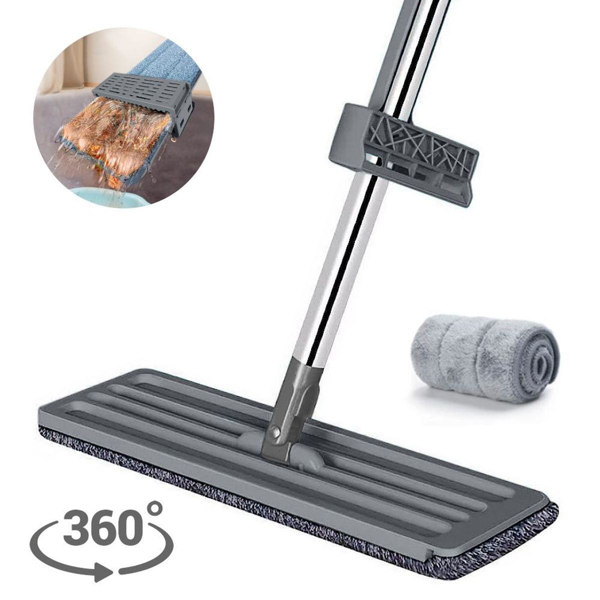 GENERICO - Trapeador Plano 360° 2 Mopas Absorbente y Escurridor Plomo