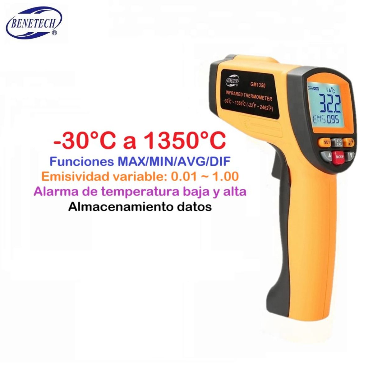 BENETECH - Pirómetro Termómetro Infrarrojo Profesional - BENETECH GM1350