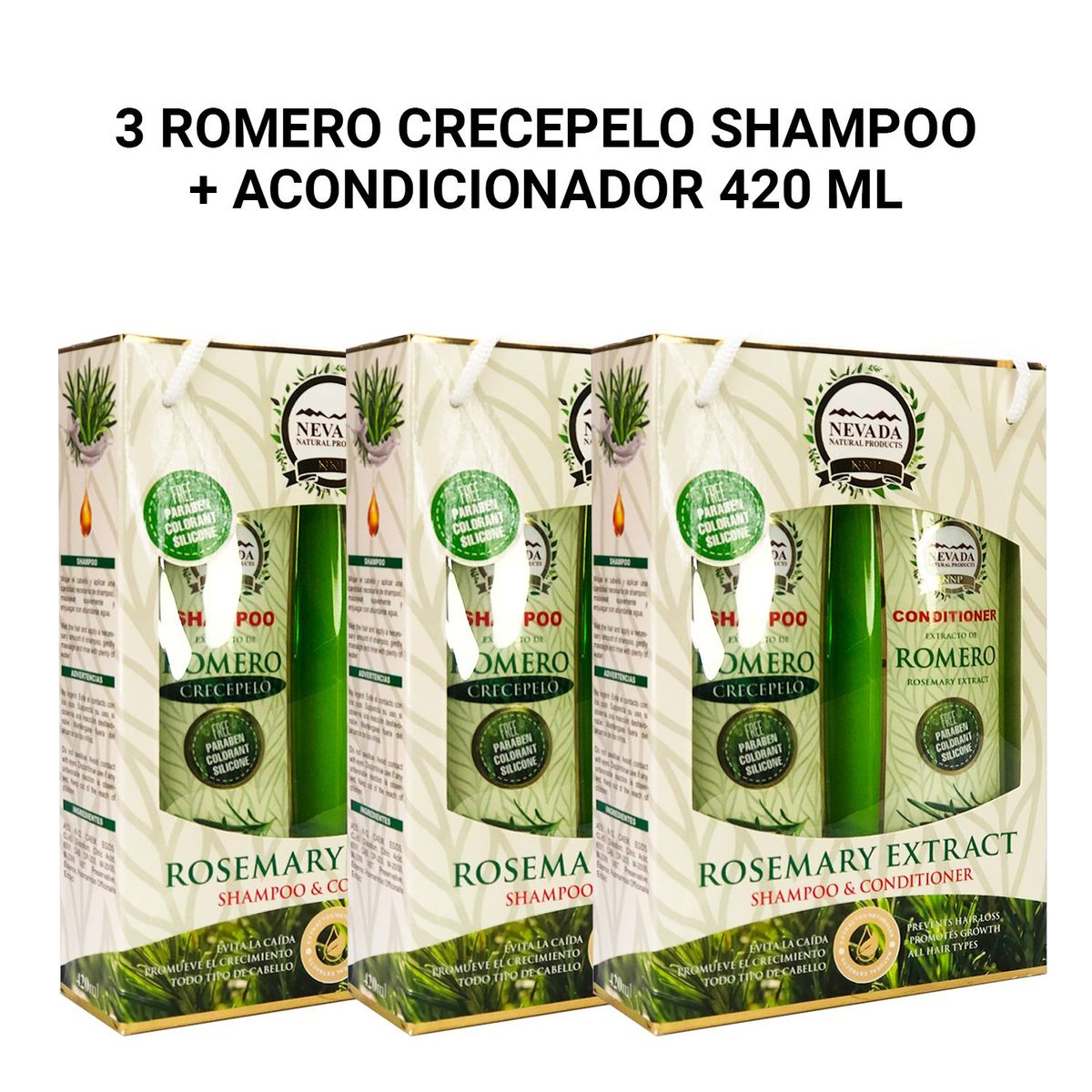 GENERICO - 3 Romero Crecepelo Shampoo + Acondicionador 420ml.