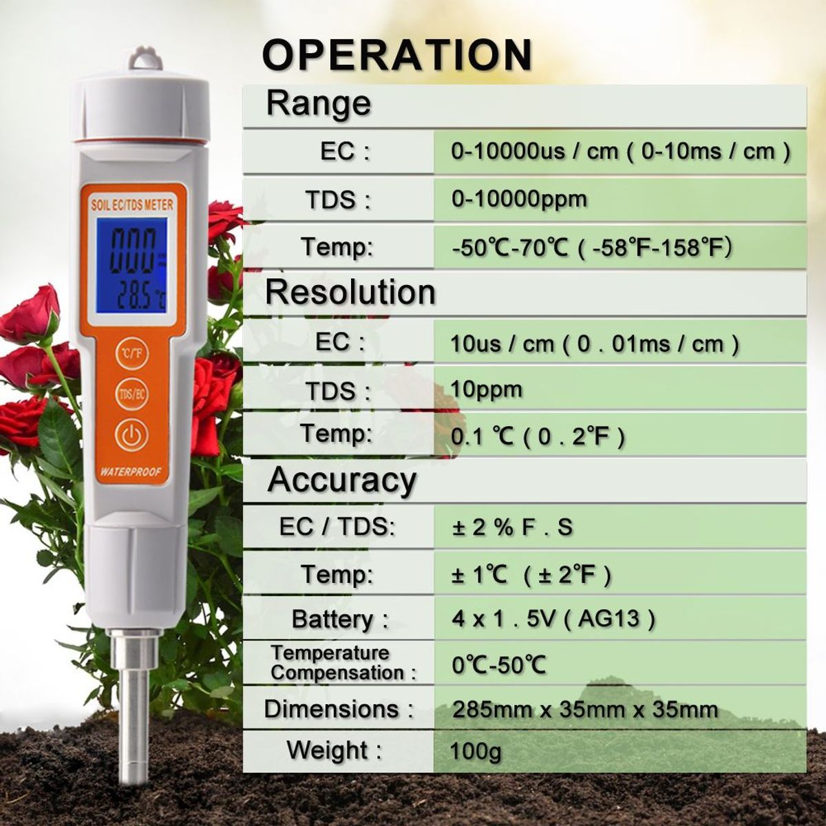 OEM - Medidor de Conductividad de Suelo EC TDS Temperatura Conductímetro