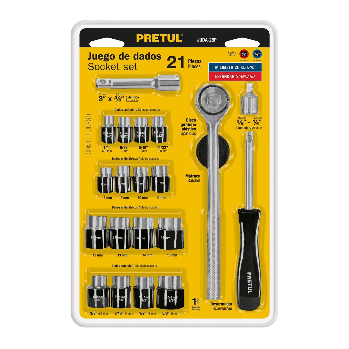 PRETUL - Juego de Ratchet y Dados 3/8" 21 Piezas Pretul