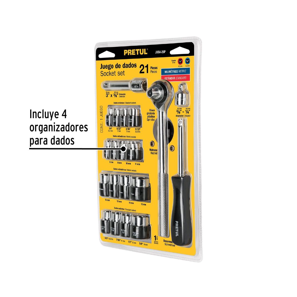 PRETUL - Juego de Ratchet y Dados 3/8" 21 Piezas Pretul