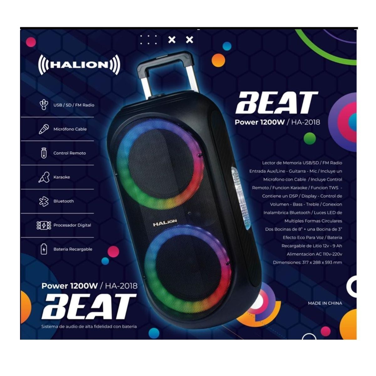 HALION - Parlante Halion HA 2018 BEAT 1200W USB BT FM Luces LED con Micrófono