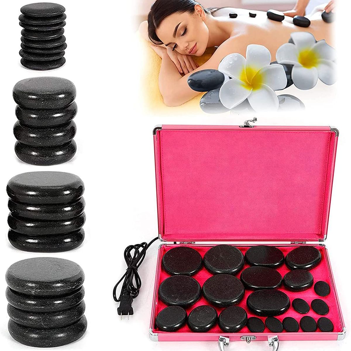 PERUMASSAGE - Piedras Volcanicas para Masaje 20 Unid + Maletin con Calentador.