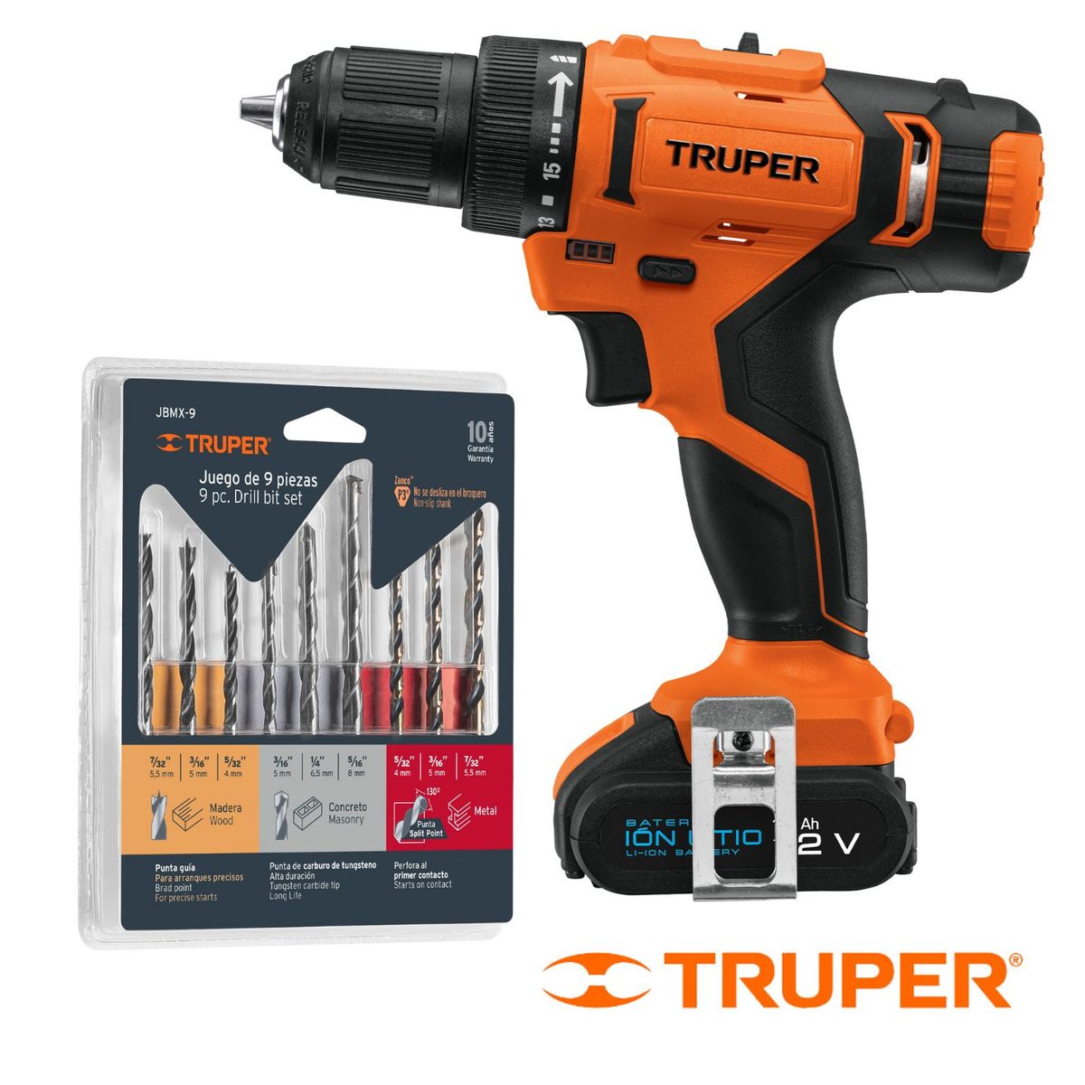 TRUPER - Taladro Inalambrico 12V  + Set de Brocas Truper